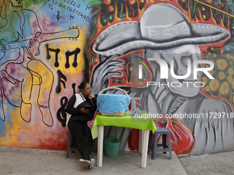 A mural is visible in Santiago Zapotitlan in Mexico City, on November 1, 2024, where inhabitants attend the community cemetery to decorate t...