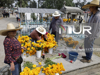 Residents of Santiago Zapotitlan in Mexico City, Mexico, on November 1, 2024, attend the old cemetery to decorate the graves of their deceas...