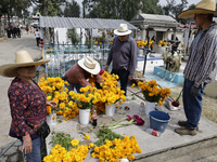 Residents of Santiago Zapotitlan in Mexico City, Mexico, on November 1, 2024, attend the old cemetery to decorate the graves of their deceas...