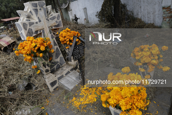 Residents of Santiago Zapotitlan in Mexico City, Mexico, on November 1, 2024, attend the old cemetery to decorate the graves of their deceas...