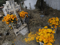 Residents of Santiago Zapotitlan in Mexico City, Mexico, on November 1, 2024, attend the old cemetery to decorate the graves of their deceas...