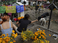 Residents of Santiago Zapotitlan in Mexico City, Mexico, on November 1, 2024, attend the old cemetery to decorate the graves of their deceas...