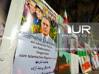 Dozens of Iranian activists participate in protests over the execution of German-Iranian citizen Jamshid Sharmahd in Cologne, Germany, on No...