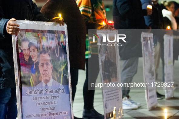 Dozens of Iranian activists participate in protests over the execution of German-Iranian citizen Jamshid Sharmahd in Cologne, Germany, on No...