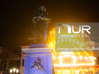 The Beethoven monument is illuminated during the ''Bonn Leuchtet'' light festival in Bonn, Germany, on November 1, 2024. (