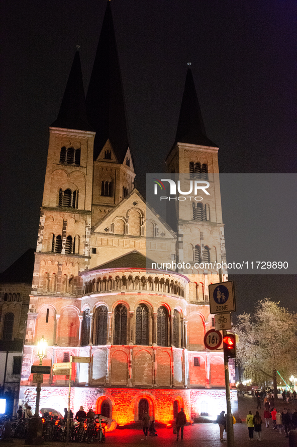 Bonner Munster, the old Catholic church, is illuminated during the ''Bonn Leuchtet'' light festival in Bonn, Germany, on November 1, 2024. 