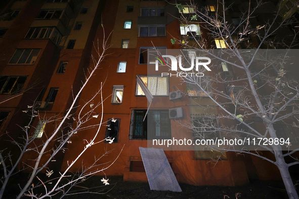 An apartment block is damaged by a Russian missile strike in Kharkiv, Ukraine, on November 1, 2024. NO USE RUSSIA. NO USE BELARUS. 