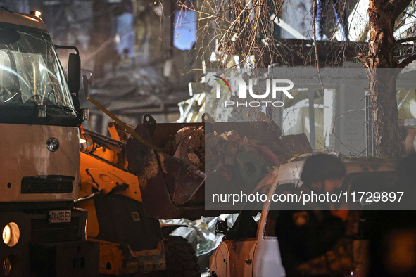 A bucket loader is used to remove the rubble after a Russian missile strike in Kharkiv, Ukraine, on November 1, 2024. NO USE RUSSIA. NO USE...