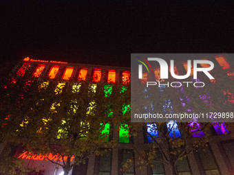 The Sparkasse KoelnBonn bank building is illuminated during the ''Bonn Leuchtet'' light festival in Bonn, Germany, on November 1, 2024. (