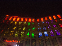 The Sparkasse KoelnBonn bank building is illuminated during the ''Bonn Leuchtet'' light festival in Bonn, Germany, on November 1, 2024. (