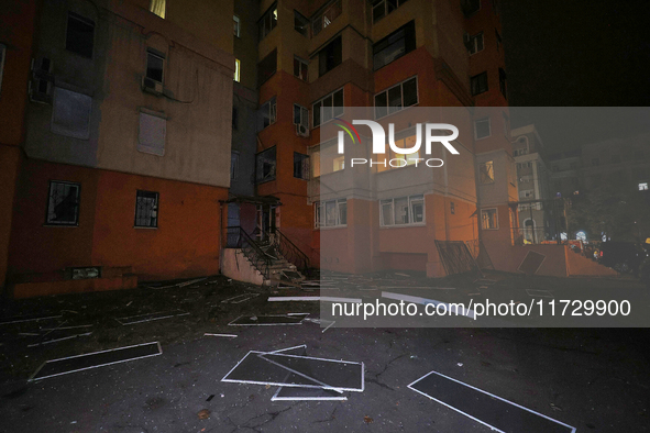 An apartment block is damaged by a Russian missile strike in Kharkiv, Ukraine, on November 1, 2024. NO USE RUSSIA. NO USE BELARUS. 