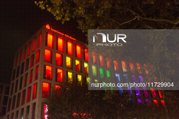 The Sparkasse KoelnBonn bank building is illuminated during the ''Bonn Leuchtet'' light festival in Bonn, Germany, on November 1, 2024. 