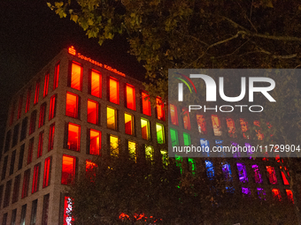 The Sparkasse KoelnBonn bank building is illuminated during the ''Bonn Leuchtet'' light festival in Bonn, Germany, on November 1, 2024. (