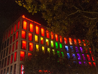 The Sparkasse KoelnBonn bank building is illuminated during the ''Bonn Leuchtet'' light festival in Bonn, Germany, on November 1, 2024. (