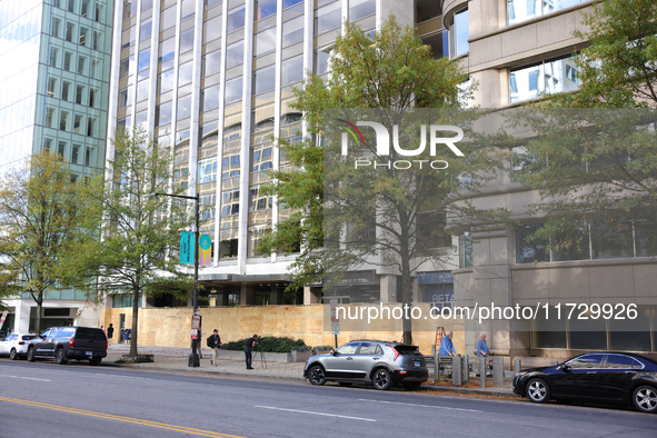 Storefronts are seen covered by plywood near the White House in Washington, D.C. on November 1, 2024 in preparation for possible civil unres...