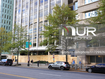 Storefronts are seen covered by plywood near the White House in Washington, D.C. on November 1, 2024 in preparation for possible civil unres...