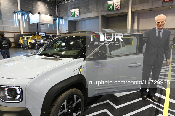 Jean-Dominique Senard, Chairman of the Board of Renault, stands near the new electric innovative car Renault 4 at the Paris Motor Show at Pa...