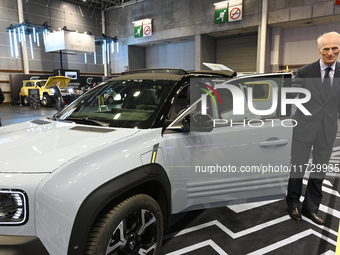 Jean-Dominique Senard, Chairman of the Board of Renault, stands near the new electric innovative car Renault 4 at the Paris Motor Show at Pa...