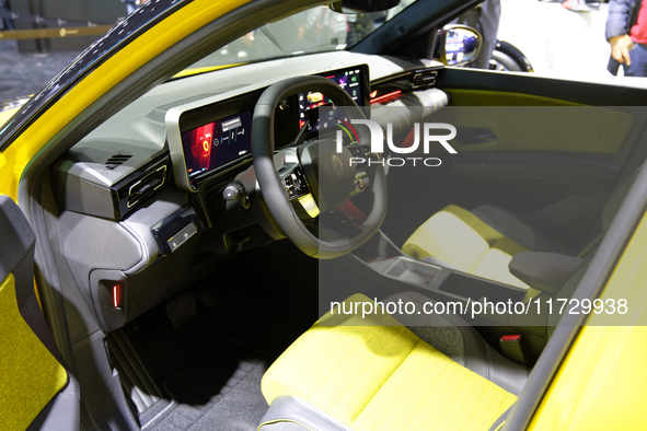 The dashboard of the new electric R5 is at the Renault stand at the Paris Motor Show in Paris, France, on October 14, 2024, at Paris Expo Po...