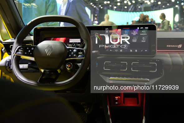 The dashboard of the new electric R5 is at the Renault stand at the Paris Motor Show in Paris, France, on October 14, 2024, at Paris Expo Po...