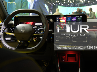 The dashboard of the new electric R5 is at the Renault stand at the Paris Motor Show in Paris, France, on October 14, 2024, at Paris Expo Po...