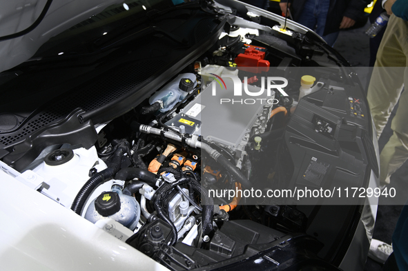 The motor of the new electric R5 is on display at the Renault stand at the Paris Motor Show in Paris, France, on October 14, 2024, at Paris...