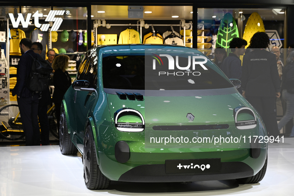 The new electric TWINGO is at the Renault stand at the Paris Motor Show in Paris, France, on October 14, 2024, at Paris Expo Porte de Versai...