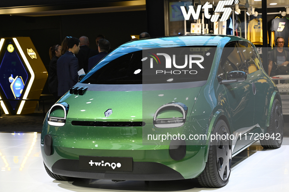 The new electric TWINGO is at the Renault stand at the Paris Motor Show in Paris, France, on October 14, 2024, at Paris Expo Porte de Versai...