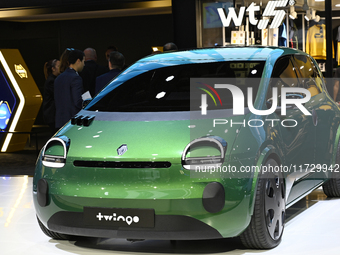 The new electric TWINGO is at the Renault stand at the Paris Motor Show in Paris, France, on October 14, 2024, at Paris Expo Porte de Versai...