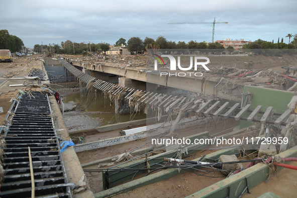 A view of the disaster area as search and rescue operations and aid delivery continue in Paiporta following the floods caused by heavy rain...