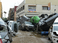 A view of the disaster area as search and rescue operations and aid delivery continue in Paiporta following the floods caused by heavy rain...