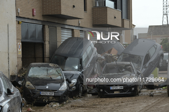 A view of the disaster area as search and rescue operations and aid delivery continue in Paiporta following the floods caused by heavy rain...