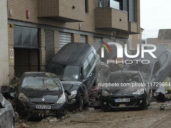 A view of the disaster area as search and rescue operations and aid delivery continue in Paiporta following the floods caused by heavy rain...