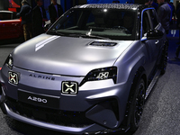 The new electric sports car A290 is in the Alpine stand at the Paris Motor Show at Paris Expo Porte de Versailles in Paris, France, on Octob...