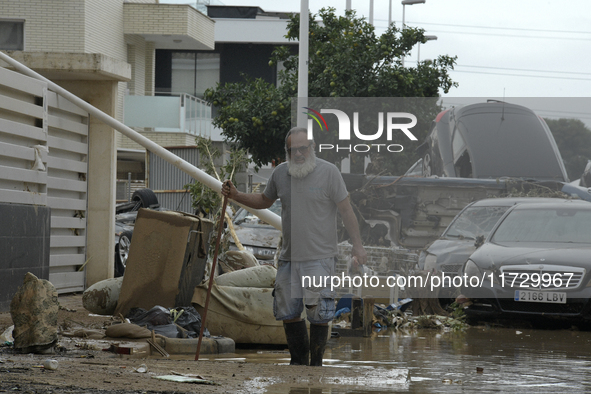 A view of the disaster area as search and rescue operations and aid delivery continue in Paiporta following the floods caused by heavy rain...