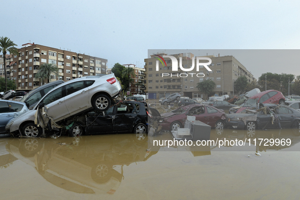 A view of the disaster area as search and rescue operations and aid delivery continue in Paiporta following the floods caused by heavy rain...