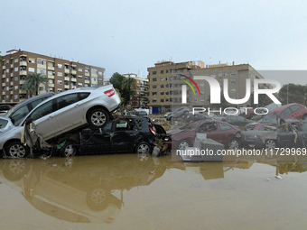 A view of the disaster area as search and rescue operations and aid delivery continue in Paiporta following the floods caused by heavy rain...