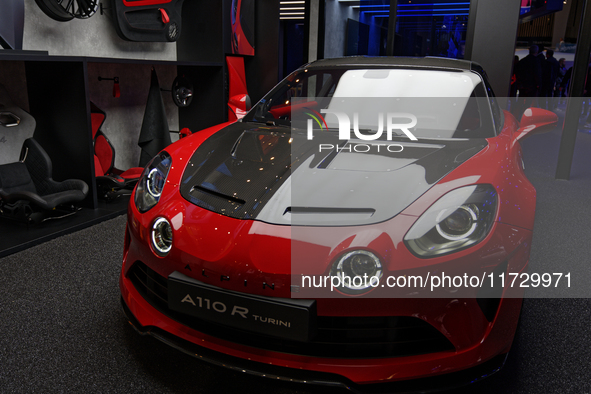 The sports car A110 R Turini is in the Alpine stand at the Paris Motor Show at Paris Expo Porte de Versailles in Paris, France, on October 1...