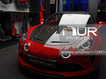 The sports car A110 R Turini is in the Alpine stand at the Paris Motor Show at Paris Expo Porte de Versailles in Paris, France, on October 1...