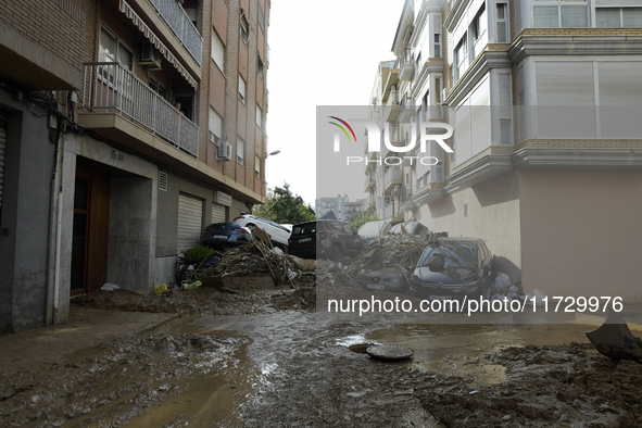 A view of the disaster area as search and rescue operations and aid delivery continue in Paiporta following the floods caused by heavy rain...