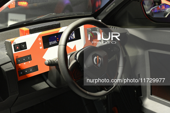 The dashboard of the new electric Mobilize DUO is on display at the Mobilize stand at the Paris Motor Show in Paris, France, on October 14,...