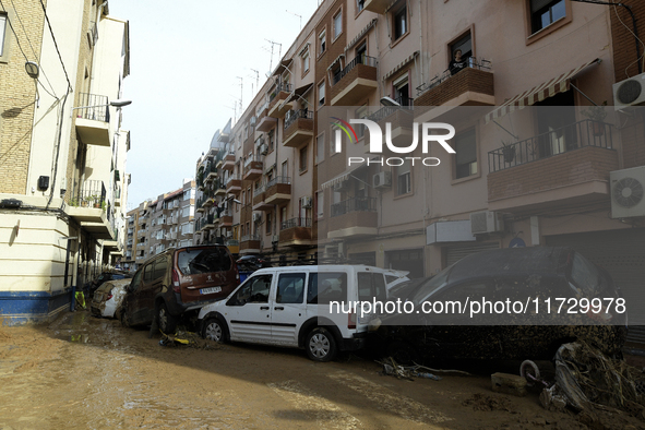 A view of the disaster area as search and rescue operations and aid delivery continue in Paiporta following the floods caused by heavy rain...