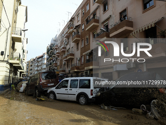 A view of the disaster area as search and rescue operations and aid delivery continue in Paiporta following the floods caused by heavy rain...