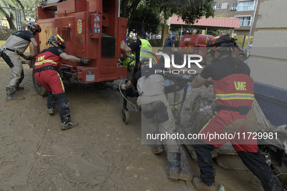 A view of the disaster area as search and rescue operations and aid delivery continue in Paiporta following the floods caused by heavy rain...