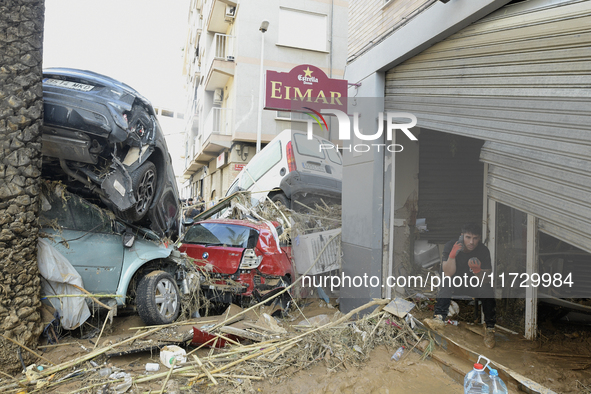 A view of the disaster area as search and rescue operations and aid delivery continue in Paiporta following the floods caused by heavy rain...