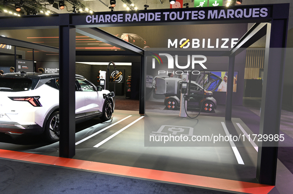 The new 320KW charging station is in the Mobilize stand at the Paris Motor Show at Paris Expo Porte de Versailles in Paris, France, on Octob...