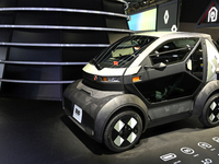 The new electric Mobilize DUO is on display at the Mobilize stand at the Paris Motor Show in Paris, France, on October 14, 2024, at Paris Ex...