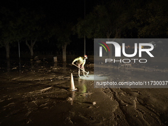 Emergency personnel work in a flooded area after heavy rains cause flooding in Uriel, Valencia, Spain, on November 1, 2024. (