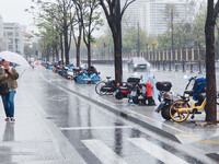 A pedestrian walks with an umbrella as Typhoon Kong-Rey brings strong winds and heavy rain in Shanghai, China, on November 1, 2024. (