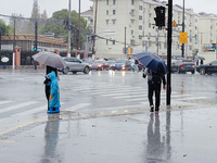 A pedestrian walks with an umbrella as Typhoon Kong-Rey brings strong winds and heavy rain in Shanghai, China, on November 1, 2024. (